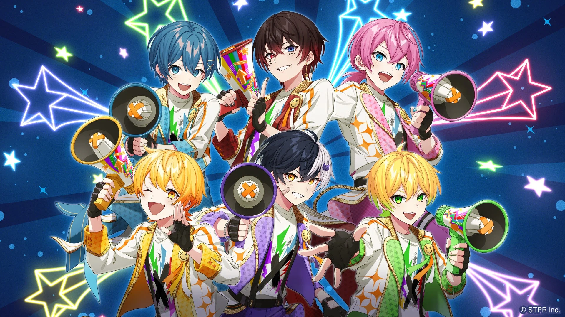カラフルな衣装を身につけた6人のアニメ風男性アイドルグループが、笑顔でメガホンを持ち、活気あるポーズをとっています。輝く星が散りばめられた青い背景が、元気で楽しい雰囲気を演出しています。