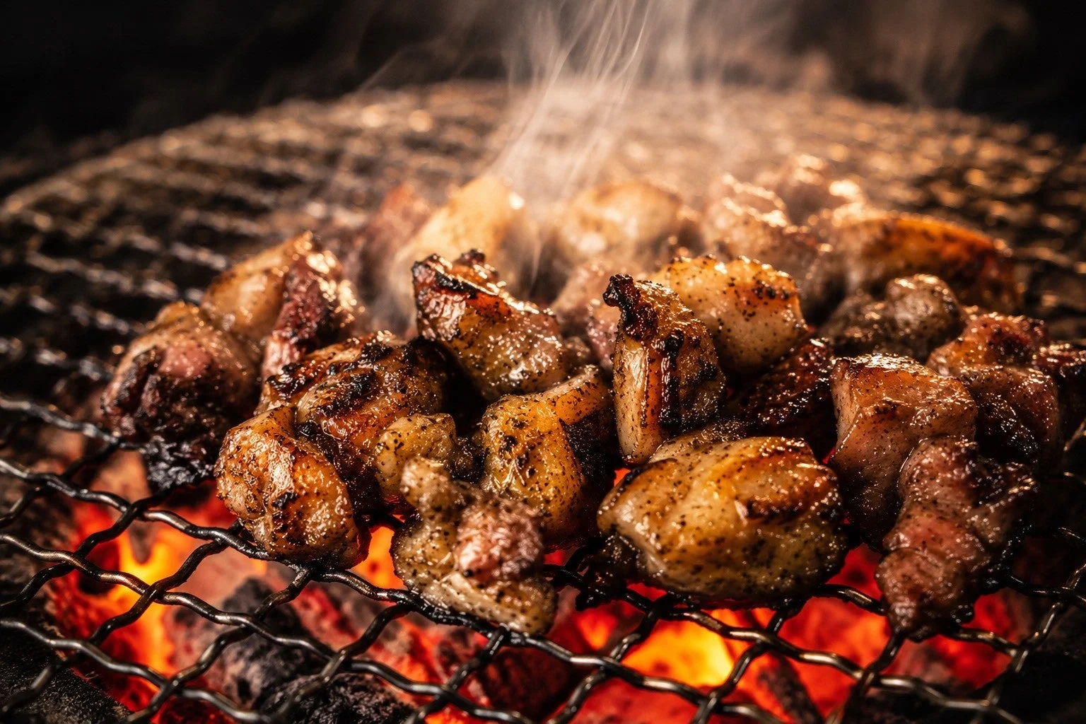 熱い炭火の上で香ばしく焼かれる肉の塊