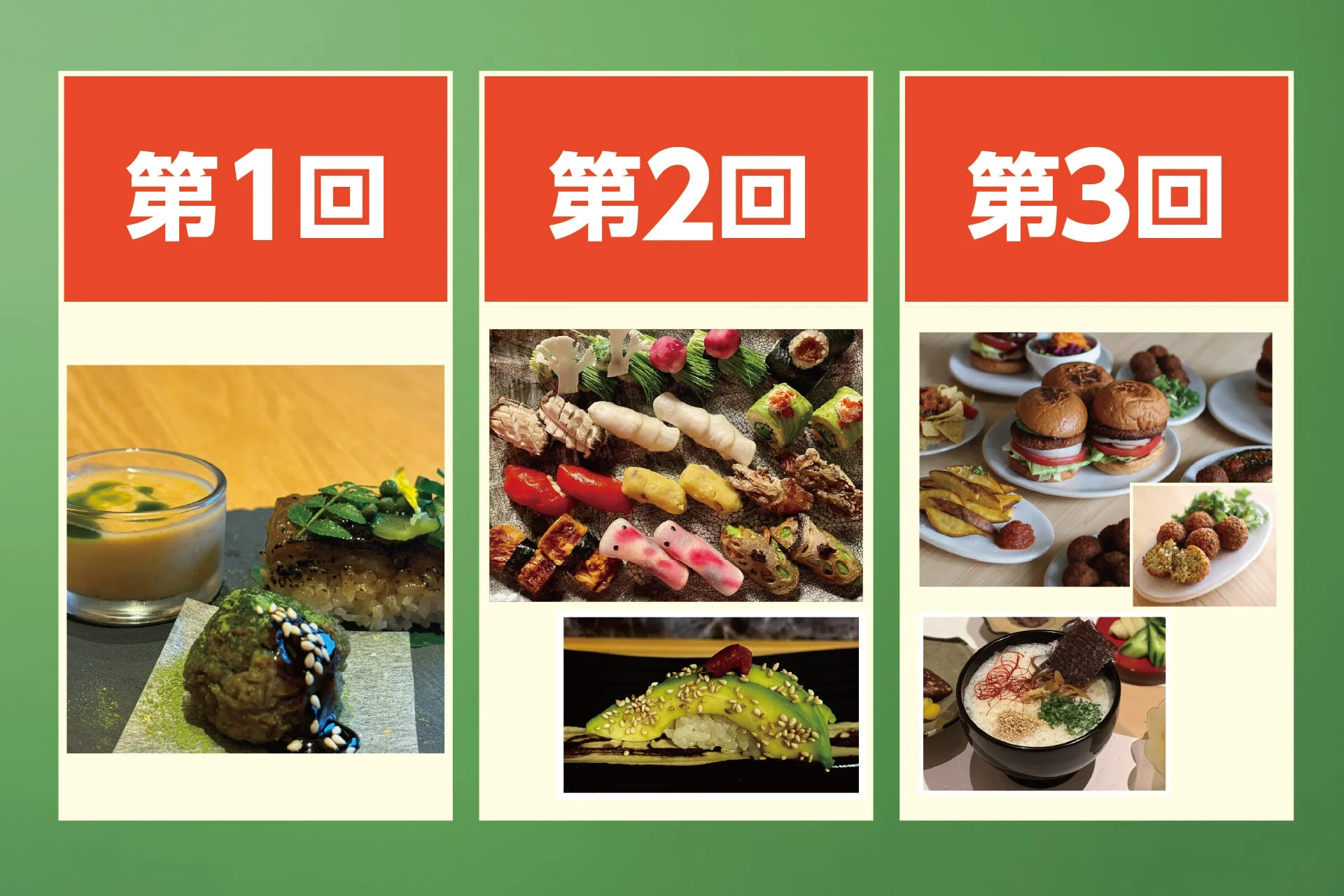 「第1回」「第2回」「第3回」と題された3つのセクションに、様々な料理が紹介されています。寿司、プラントベースのハンバーガー、ラーメン、スープなど、多様な食の選択肢が美しく並べられています。