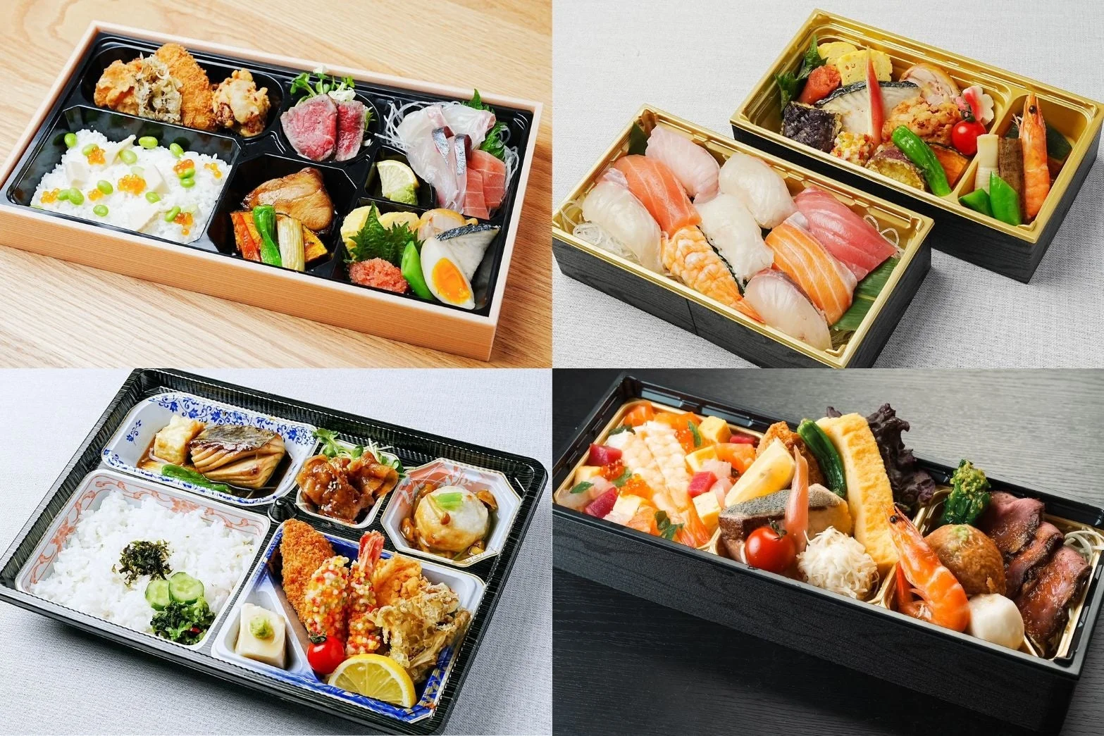 彩り豊かな豪華な和食弁当や握り寿司、ちらし寿司など、様々な種類の日本料理が美しく盛り付けられた画像です。テイクアウトや仕出しに最適な食事が複数写っています。