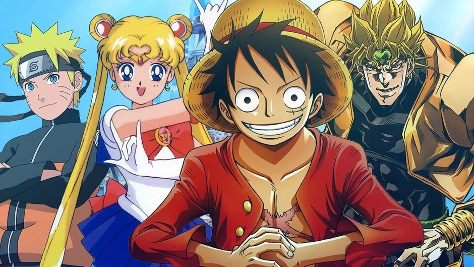 人気アニメや漫画の主要キャラクターであるナルト、セーラームーン、モンキー・D・ルフィ、ディオ・ブランドーが一堂に会したクロスオーバーイラスト