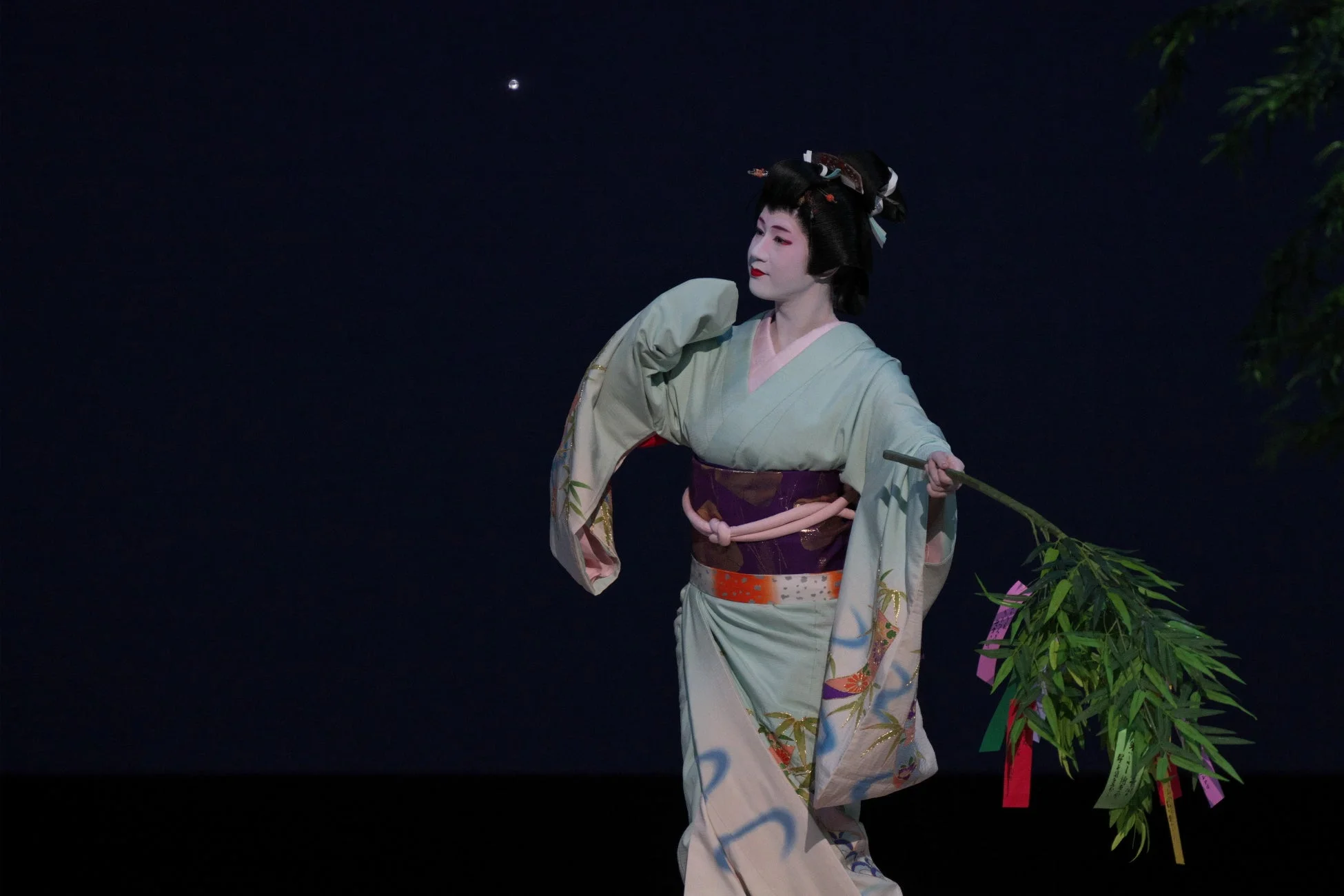 七夕飾りの笹を持つ日本舞踊の女性