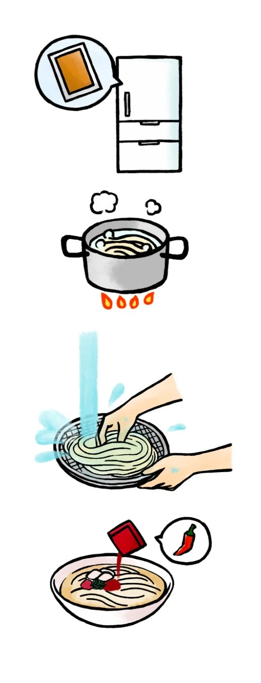 麺料理の調理手順を示したイラスト