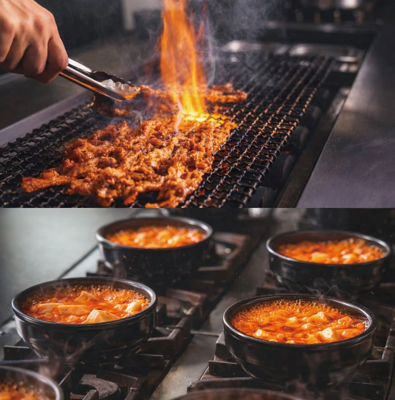 肉が焼かれ、スン豆腐が複数並ぶ調理風景