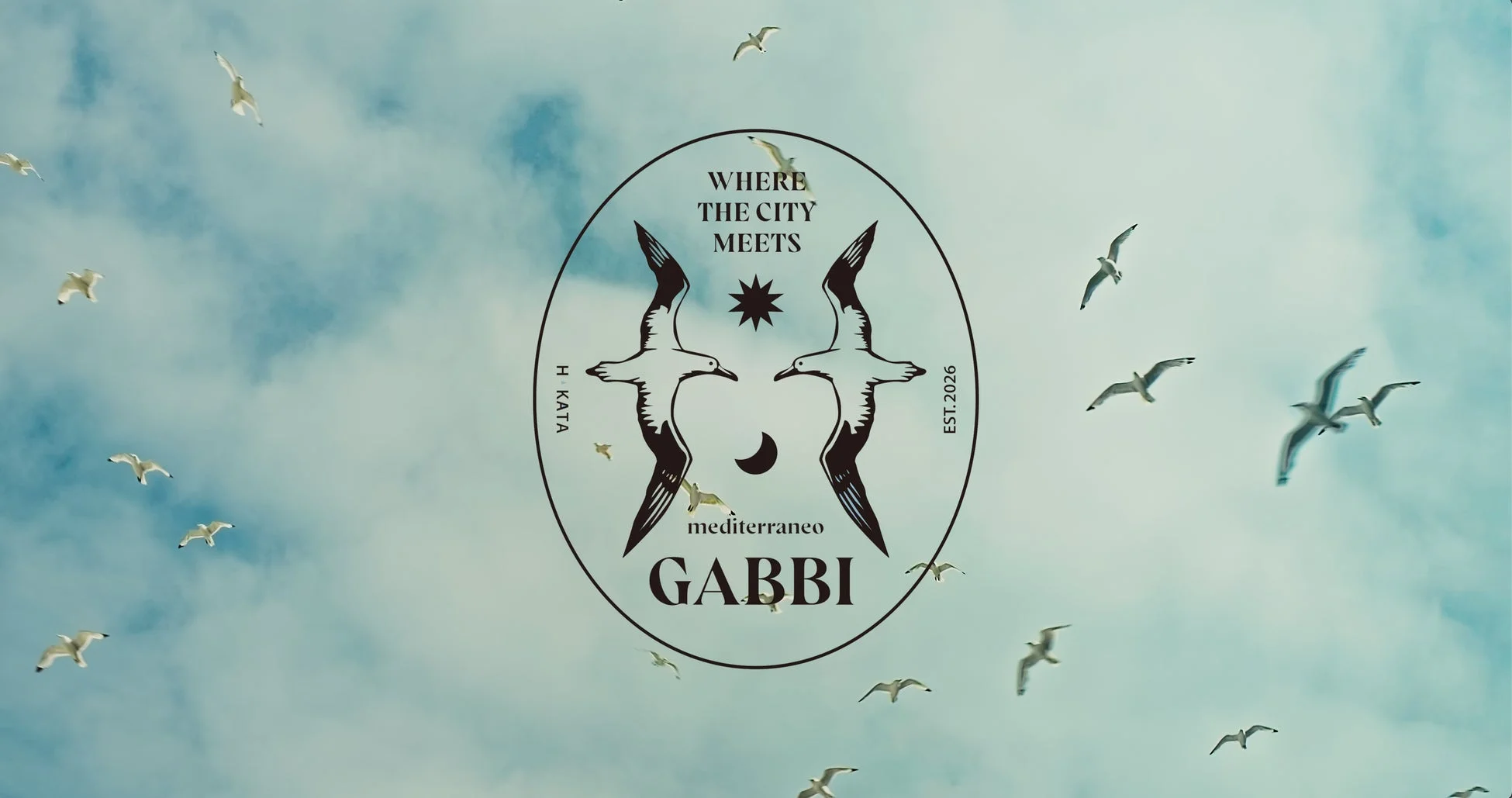 カモメが飛ぶ青空とGABBIのロゴ