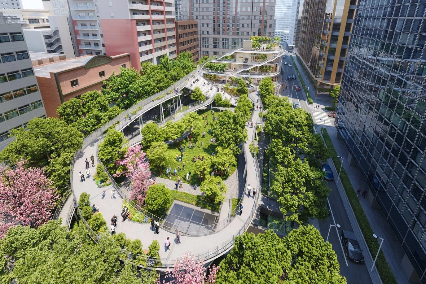 高層ビルに囲まれた都市空間の公園