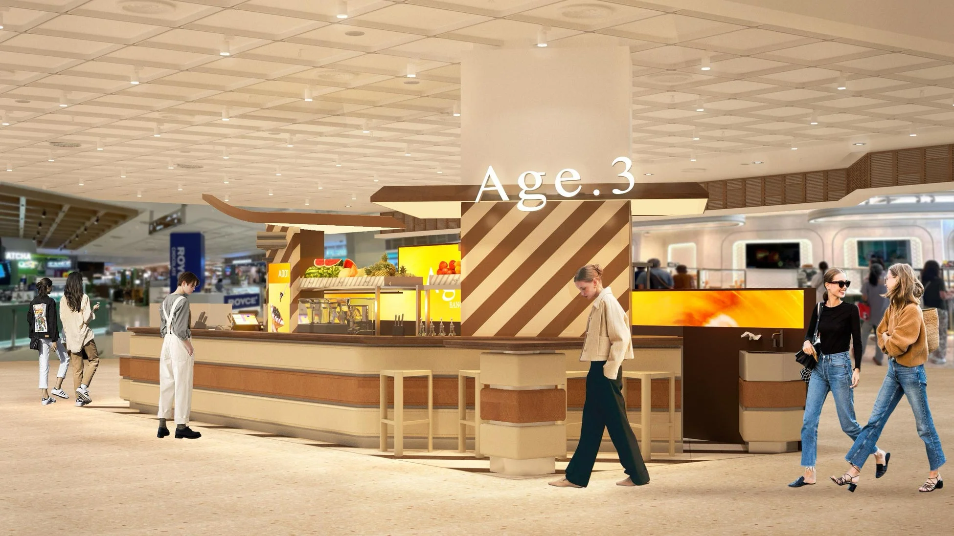 モダンな商業施設内のジュースバーのようなAge.3の店舗イメージ