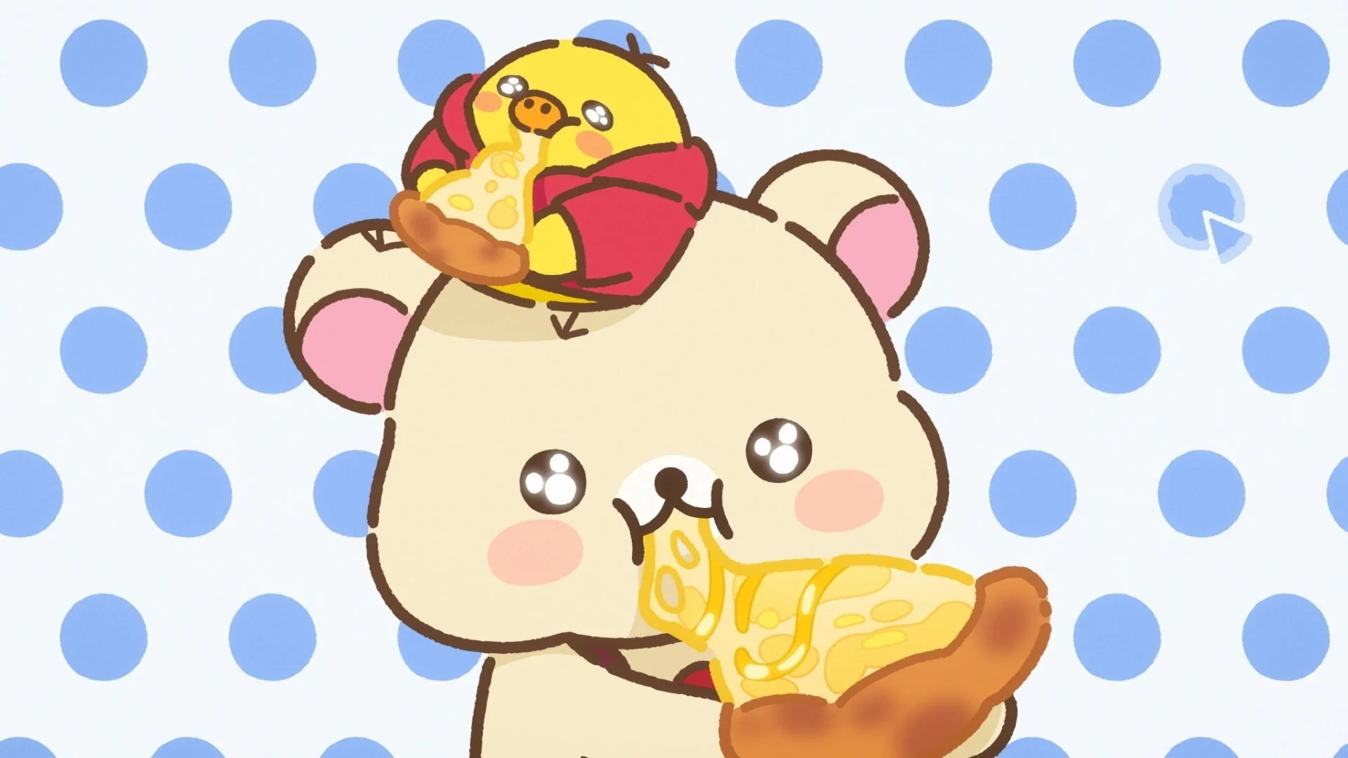 ピザを食べるリラックマとキイロイトリ