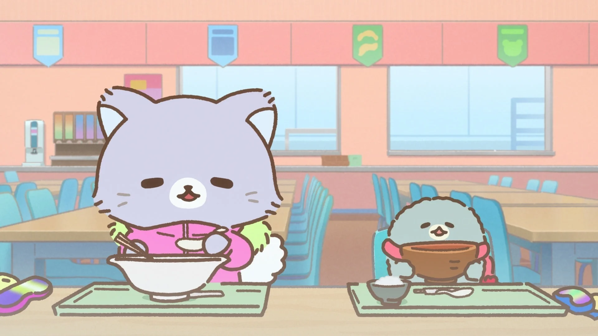学食のような場所で食事をするキャラクターたち