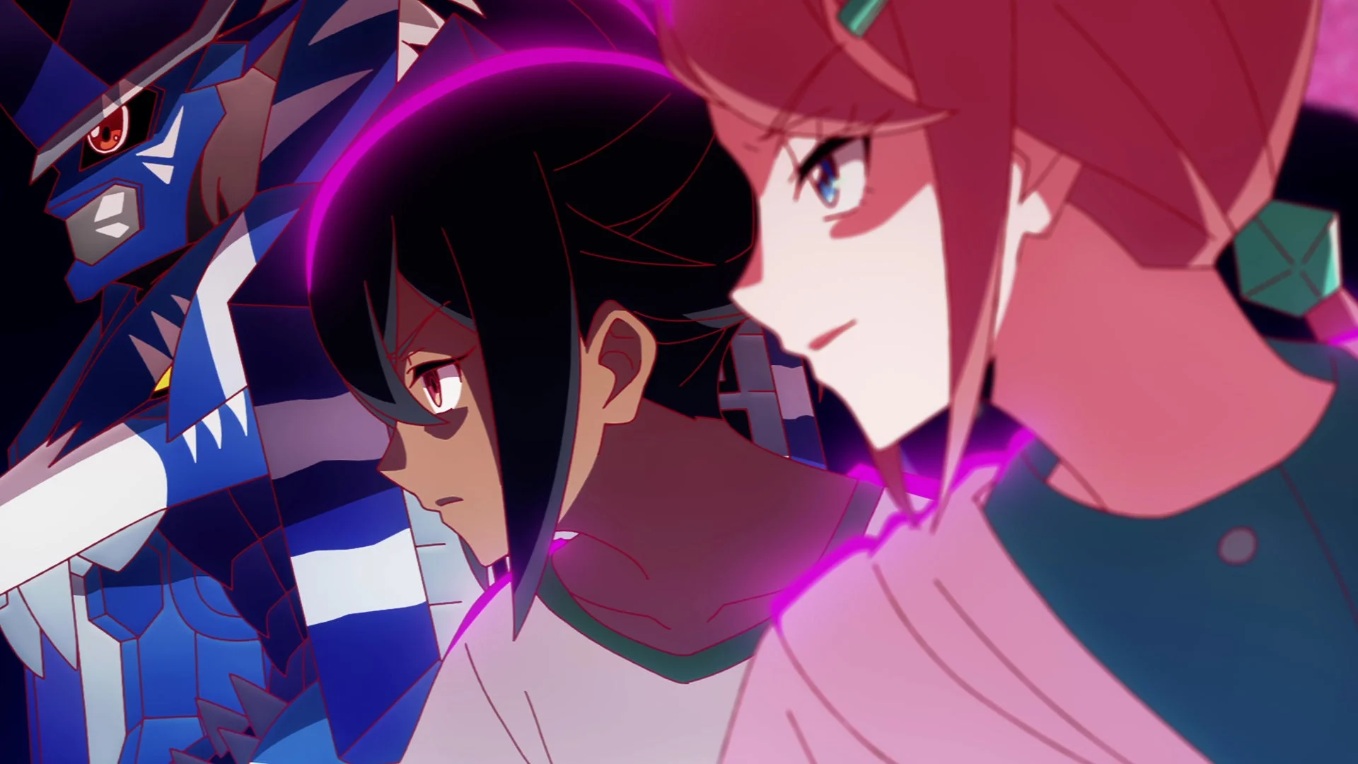 紫色のオーラを放つ3人のアニメキャラクター。