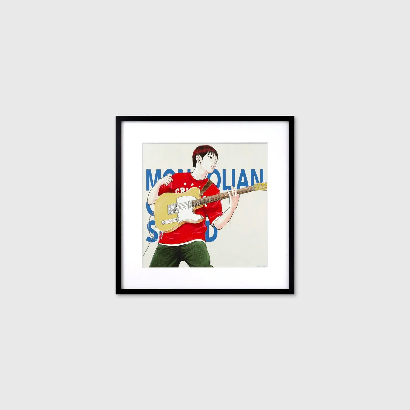 「MONGOLIAN」の文字が背景に見える中、赤いTシャツを着た若い男性が黄色いエレキギターを演奏しているイラストです。ポップな色使いとアニメ風の画風が特徴です。